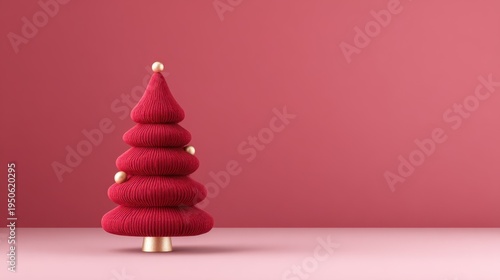 Decorative red Christmas tree with a modern design featuring layered shapes and golden ornaments, positioned on a light pink surface against a solid pink background for festive holiday decor