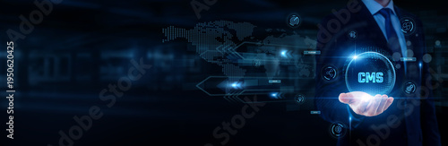 Foto Web developer hand holding with worldwide network connection, content management system, website administration, digital publishing platform, CMS technology concept