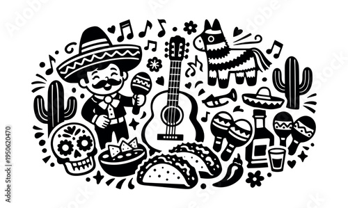 Mexican-inspired illustration featuring mariachi, sombrero, guitar, tacos, nachos, calavera, pinata, cactus, maracas, and chili