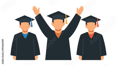 Graduating students wearing academic cap and gown, middle student raising hands in celebration. Concept of education success