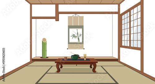Traditional Japanese Tea Room Interior with Tatami Mats, Scroll, and Tea Set