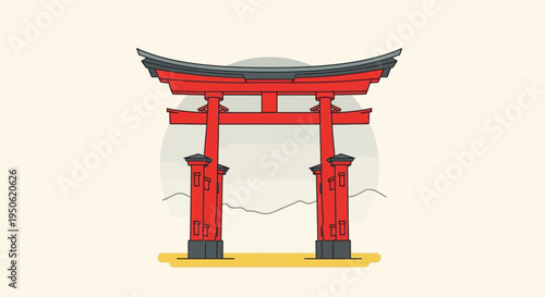 Traditional Japanese Torii Gate Icon, Red Shrine Entrance, Minimalist Vector Art