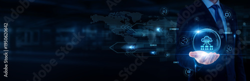 Cloud engineer hand holding with worldwide network connection, real-time data processing, IoT infrastructure, distributed computing, edge computing technology concept.