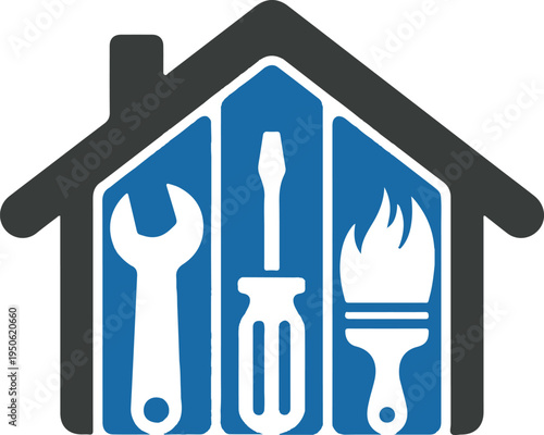 Home maintenance and repair tools represented within a house icon