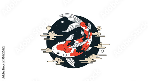 Vibrant Koi Fish Swimming in Circle with Clouds, Japanese Art Style