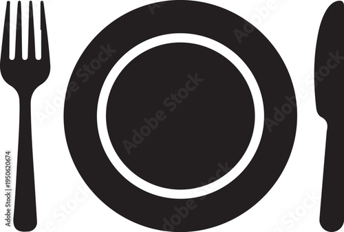 Classic black and white illustration of a fork, plate, and knife set.