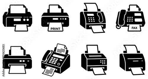 Office equipment icons set including various models of printers and fax machines. Symbols for printing, copying, and paper paperwork for interface design. Vector illustration.
