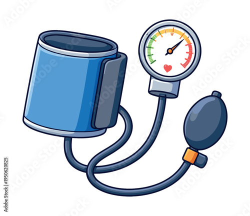 Cartoon illustration of a blood pressure monitor, featuring a blue arm cuff, gauge with a heart icon, and rubber bulb