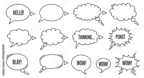 Collection of Hand-Drawn Speech Bubbles with Text and Empty Shapes