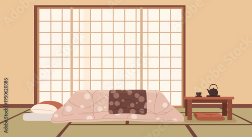 Cozy Japanese Kotatsu Table with Tea Set in Traditional Room