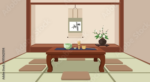 Japanese Tea Ceremony Room Interior with Tatami Mats and Low Table