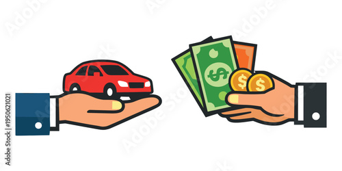 Two hands engaged in trade; one offering a red car, the other presenting a stack of bills and gold coins for payment