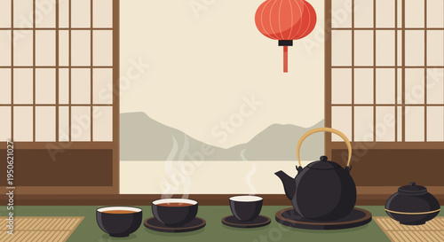 Japanese Tea Ceremony: Tranquil Scene with Teapot, Cups, and Scenic View