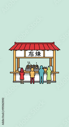 People queuing at a Japanese street food stall selling takoyaki