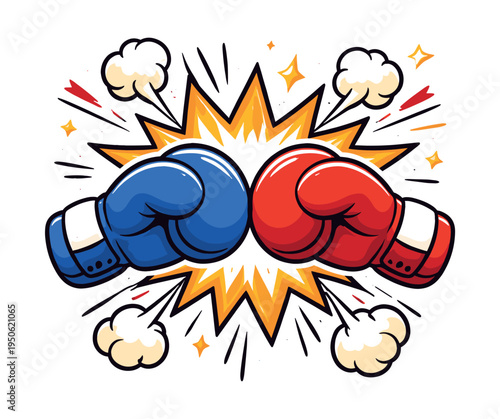 Opposing red and blue boxing gloves punching each other, creating an explosive impact with comic book effects, symbolizing rivalry