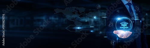 MBA professional hand holding with worldwide network connection, business education, management strategy, executive leadership training, corporate development, MBA concept.