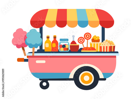 Colorful snack cart with striped awning selling carnival treats including candy, pop corn, and drinks