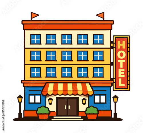 Hotel building illustration offering lodging, stay, and tourism services with welcoming entrance, street lamps, and planters