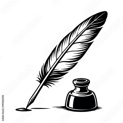 Quill pen dipping into inkwell, symbolizing writing, creativity, education, script, and historical communication
