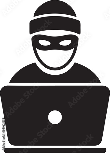 Mysterious hacker figure working on a laptop with a mask and hoodie