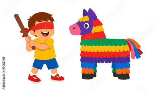 Boy playing blindfolded piñata game, celebrating a birthday. Colorful donkey shaped piñata waiting for a stick hit