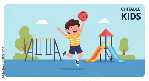 Vector illustration of a happy young boy jumping while holding a basketball in an outdoor playground featuring a swing set, colorful slides, and green trees under a blue sky.