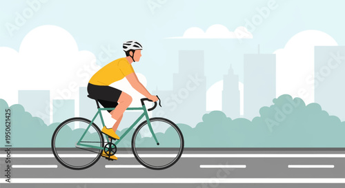 Flat vector illustration of a male cyclist wearing a yellow jersey and white helmet riding a green road bike on an asphalt path with a stylized city skyline and trees background.