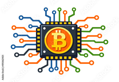 Bitcoin symbol on a computer processor chip. Concept of blockchain technology, digital currency, crypto mining, and fintech