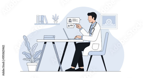 Male doctor in a lab coat sitting at a desk using a laptop for online medical consultation, featuring digital patient chat bubbles in a clean office with plants and books.