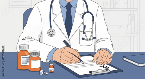 Flat vector illustration of a male doctor in a white coat and stethoscope, sitting at a desk and writing a medical prescription on an Rx clipboard with medicine bottles nearby.