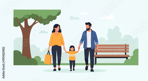 Flat vector illustration of a father, mother, and little daughter walking forward in a public park, holding hands, featuring a wooden bench, large tree, and woman carrying a shopping bag.