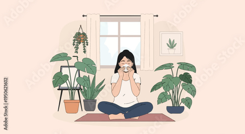 Vector illustration of a young woman sitting in lotus pose on a mat, practicing deep breathing and meditation in a bright room filled with various indoor green potted house plants.