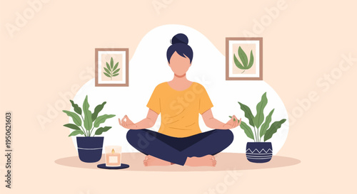 Vector illustration of a faceless woman sitting in a lotus position, meditating with hands in mudra, surrounded by potted plants, a candle, and wall art in a minimalist room.