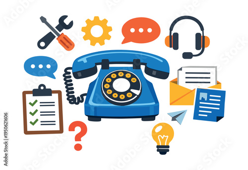 Blue vintage phone linking customer support, helpdesk, and online communication with icons for messages, tools, and ideas
