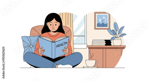 Flat vector illustration of a young woman with dark hair sitting cross-legged on the floor reading a book titled HEALTH in a cozy room with a side table, plant, and steaming cup of tea.