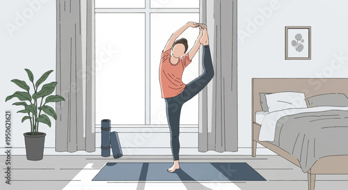 Vector illustration of a woman performing a standing yoga pose and leg stretch on a mat in a bright bedroom near a large window, bed, and indoor plant during morning routine.