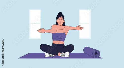 Flat vector illustration of a young woman in purple athletic wear sitting cross-legged on a yoga mat, performing arm stretching exercises before a fitness workout in a bright room.