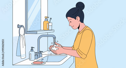 Vector illustration of a woman with dark hair bun washing hands with soap bubbles under a running faucet in a bathroom sink featuring a mirror, towel, liquid soap, and toothbrush.