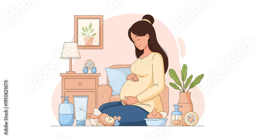 Vector illustration of a pregnant woman sitting on the floor of a home interior holding her baby bump. She is surrounded by newborn care products like lotion, soap, and toys.