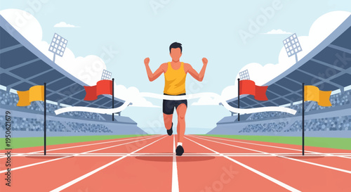 Flat vector illustration of a male runner in a yellow tank top crossing a white finish line tape with arms raised in victory on a red running track inside a large sports stadium.