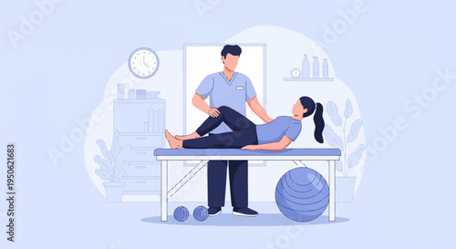 Flat vector illustration of a male physiotherapist assisting a female patient with leg rehabilitation exercises on a treatment table in a clinic with fitness equipment.