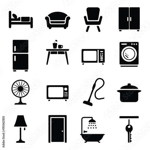 A set of black and white vector icons depicting various household furniture and appliances