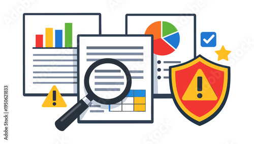Financial documents and charts with a magnifying glass, shield, and exclamation marks, representing data analysis and risk assessment