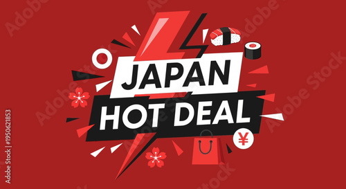 Japan Hot Deal Lightning Bolt Sale Banner with Sushi and Shopping Bag