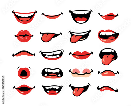 Cartoon comic mouths expressing various human emotions like joy, surprise, anger, or sadness and different actions