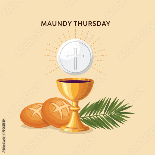 A religious maundy thursday illustration depicting the eucharist with bread wine and a host