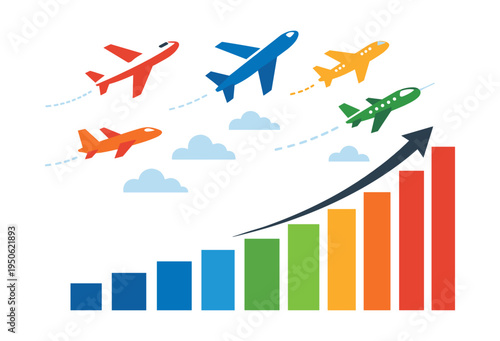 Airplanes symbolizing growth soar above an ascending bar chart, illustrating business progression, travel success, and upward market trends