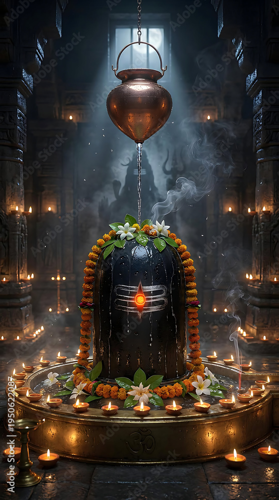 Obraz premium Beautifully decorated Shivalinga with flowers and diya divine Lord Shiva worship temple spiritual devotion Hindu ritual sacred energy Shivling artwork