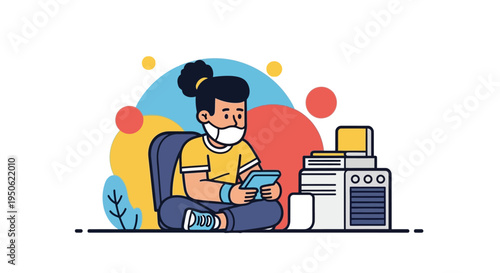 Person wearing mask using tablet, studying or working from home with printer