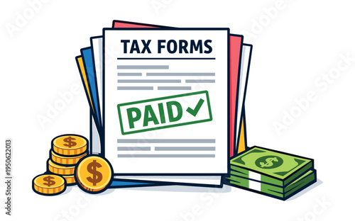 Stack of tax forms with a green paid stamp, alongside dollar coins and bundles of cash, representing taxation and financial compliance